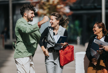 Fototapeta premium Group of friends and colleagues laugh outside, one person raises a fist bump while carrying notebooks and a red bag, capturing camaraderie, teamwork, and positive energy.