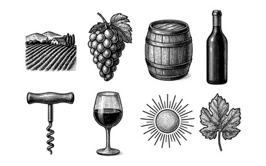 Fototapeta premium Vintage winery elements: grapes, barrel, bottle, corkscrew, wine glass, leaf, and sunburst art