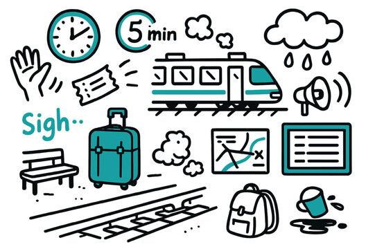Missed Train Chaos. // Missed train. Hand-drawn doodle illustration missed train [train leaving station (accented), empty platform, clock showing min late