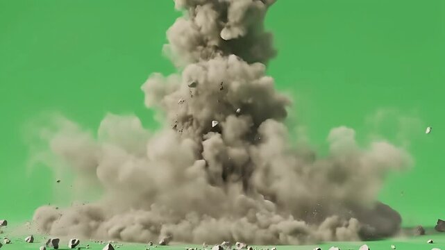 Isolated Dust Cloud Explosion Effect on Green Screen. Realistic Smoke & Debris VFX for Dynamic Video Compositing