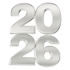 Shiny metallic silver 3D numbers representing the year 2026, isolated on a transparent background for future design.