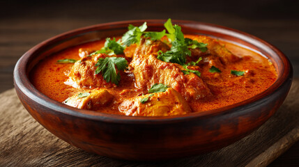A bowl of chicken tikka masala with cilantro garnish on a wooden surface in soft lighting