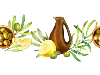 Watercolor seamless border of lemons, ceramic jar, green olives and branches isolated on a white background.