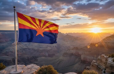 Flag of the state of arizona in united states of america, waving on the wind with a landscape of the country in the background