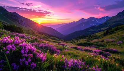 Vibrant Mountain Valley At Sunset With Pink Wildflowers And Lush Green Grass Under A Purple Orange Sky
