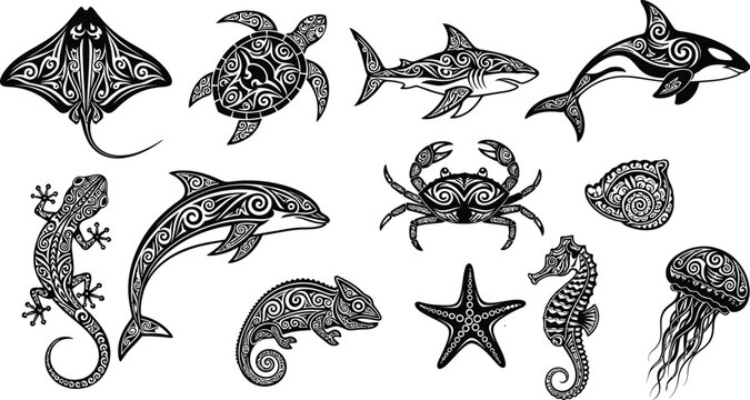 Black and white tribal tattoo designs of various sea and land animals