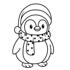 Woodland Animal Christmas black doodle outline. penguins.