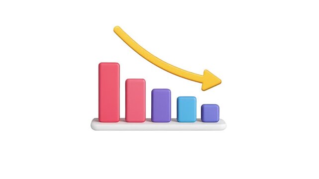 Colorful 3d bar chart with a yellow arrow moving downwards, illustrating a negative financial trend, business recession, investment failure, and economic crisis, isolated on a white background
