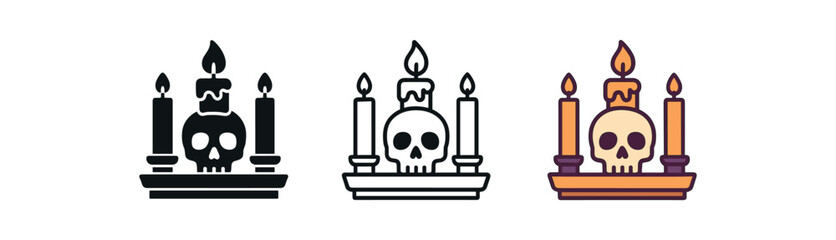 skull candle altar set icon on white background Black silhouette flat icon outline icon and colored icon style warm palette gold orange purple three minimal vector icon style