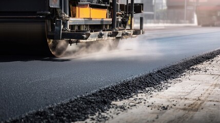 A paver laying fresh hot asphalt into a single smooth lane
