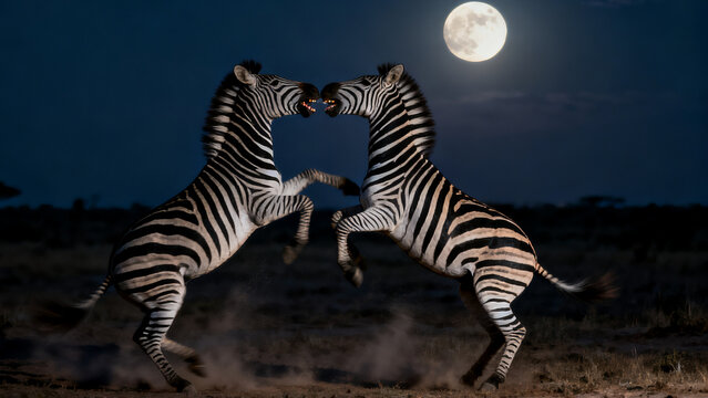 Zebra Fight under Moonlight on African Plain - Powered by Adobe