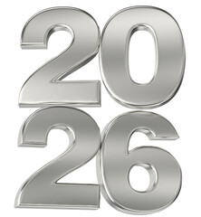 Luxurious 2026 silver metallic digits celebrating the New Year, isolated on a clean black background.