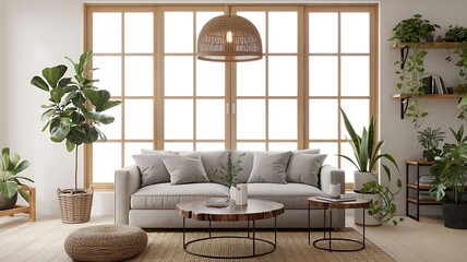 Bright Living Room with Large Windows and Abundant Plants image photo