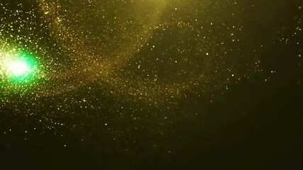 A bright green lens flare moves through a swirling cloud of golden particles and glitter on a dark, misty, warm background - Powered by Adobe