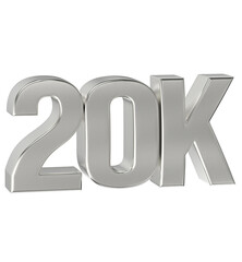 Shiny silver metallic 20K text isolated on a black background, representing a milestone achievement or target goal.