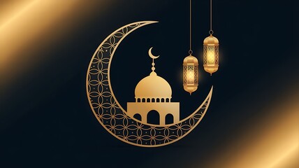 Golden Islamic Crescent Moon Mosque And Lanterns religion religious