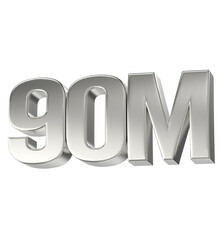 90 Million Metallic Chrome Text isolated on Black Background, Representing Major Business Achievement and Milestone Data