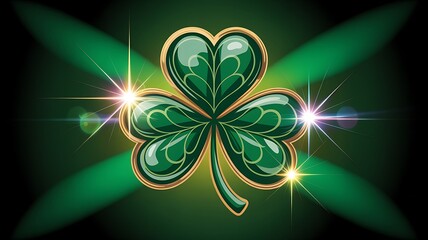 Golden Trimmed Green Shamrock with Spotlight Effects clover st patricks day