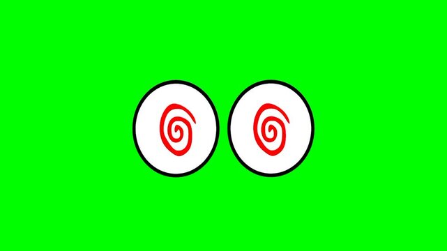 Cartoon eyes with rolling eyeballs marked dizzy with green screen background.