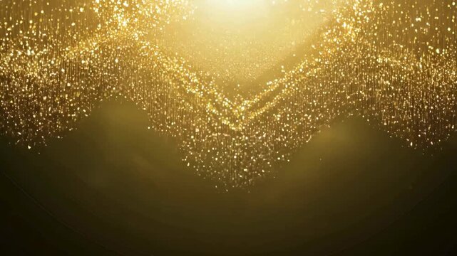 A glamorous curtain of golden particle trails and glitter rains down from a bright central spotlight, creating a "V" shape