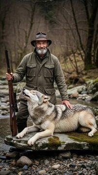Hunter man walking and playing with a wolf in a forest near a stream during the hunting season. Wild life concept footage. Vertical video
