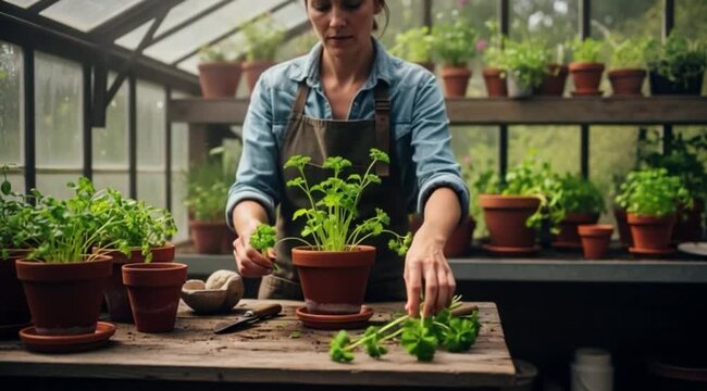 Uma mulher dentro de uma estufa est&aacute; colhendo salsa de um vaso.
