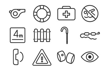 Obraz premium Pool Safety Icons. Pool Safety. Line icon set of Pool Safety: lifeguard whistle, life ring, first aid kit, no diving sign, depth marker, pool fence, rescue