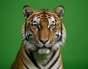 Fototapeta premium Exploring the majestic features of a computer-generated tiger against a vibrant green backdrop in stunning 3D animation
