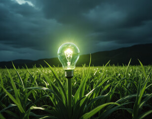 Illuminating fields of green with a glowing bulb, symbolizing innovation and nature in harmony under a moody sky Generat