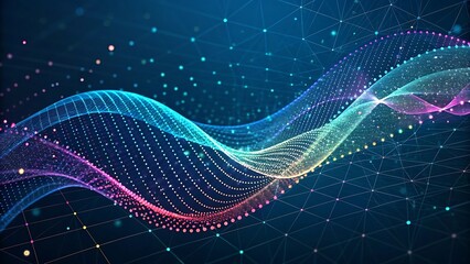 Abstract digital waveform of colorful particles flowing through a dark cosmic network of connected dots and lines