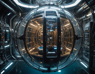 Exploring a futuristic space pod with intricate machinery and glowing lights within a high-tech spacecraft environment G