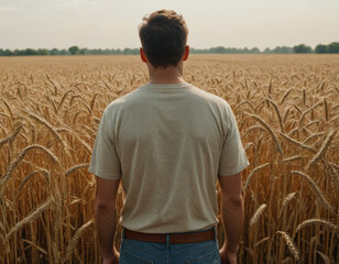 Exploring the vast wheat fields at dusk with a contemplative figure immersed in nature's beauty Generative AI