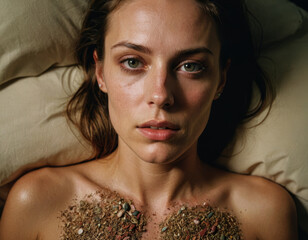 Captivating exploration of emotion and nature in an introspective moment with a woman surrounded by minerals and herbs G