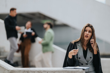 A professional woman stands at a stairwell talking on her phone, with coworkers blurred in the...