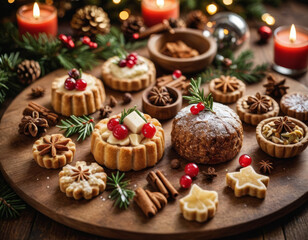 Delightful arrangement of festive treats and spices in a warm holiday setting with candles and pine accents highlighting