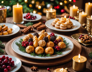 Delightful arrangement of festive treats surrounded by warm candles and holiday decor evoking a heartwarming celebration