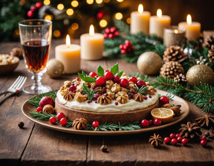 Festive 3D animation of a beautifully decorated holiday dessert on a wooden table, surrounded by candles and holiday dec