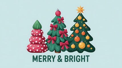 Three Decorated Christmas Trees With Merry And Bright Text decoration holiday