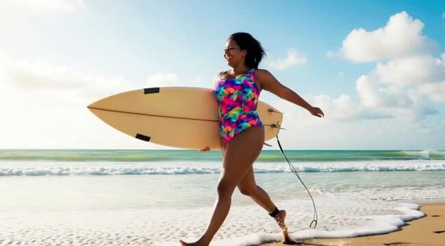 Uma mulher plus-size est&aacute; correndo na praia com uma prancha de surfe.