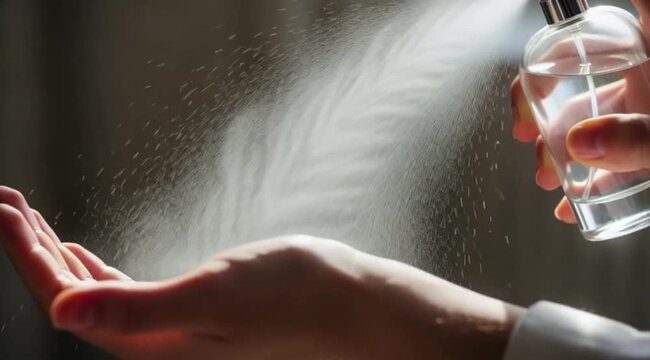 Uma m&atilde;o borrifando perfume no pulso.