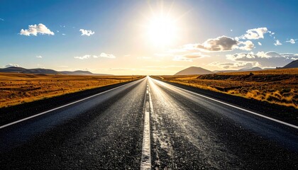 Fototapeta premium Open Asphalt Road Stretching Towards Bright Sunlight Horizon with Dry Grass Fields and Distant Mountains Under Blue Sky with Clouds