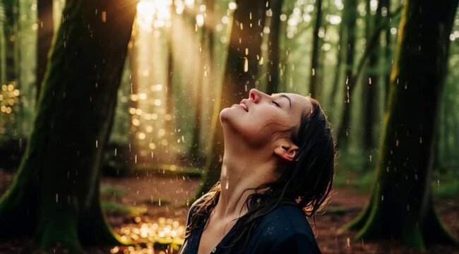Uma mulher na floresta com a cabe&ccedil;a inclinada para cima, sentindo a chuva cair em seu rosto.