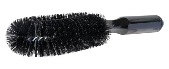Black brush with a long cylindrical bristle head and a glossy plastic handle