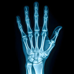 Left hand X-ray with spread fingers on black background