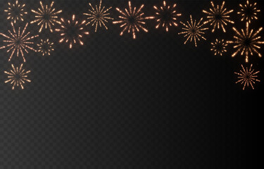 Festive multicolored fireworks PNG. Exploding various fireworks on a transparent background. Festive background.