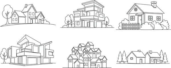Obraz premium A collection of six line art houses in different architectural styles