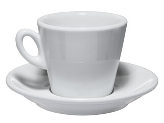 An empty white porcelain espresso or coffee lungo cup with a handle sits on a white saucer.