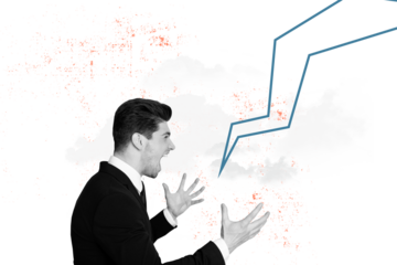Creative picture collage young businessman failure scream aggressive nervous irritated annoyed problem anger furious drawing background