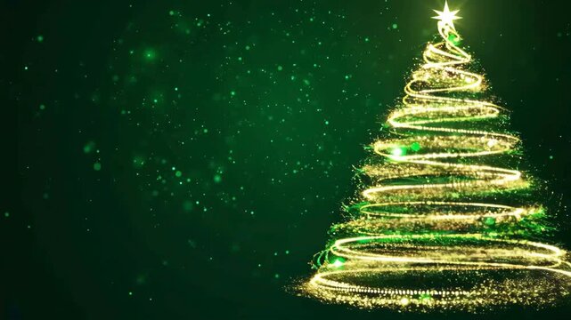 A magical trail of golden and green particles spirals up to form a Christmas tree on the right, with a bright star on top