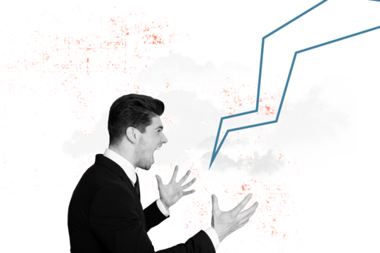 Creative picture collage young businessman failure scream aggressive nervous irritated annoyed problem anger furious drawing background